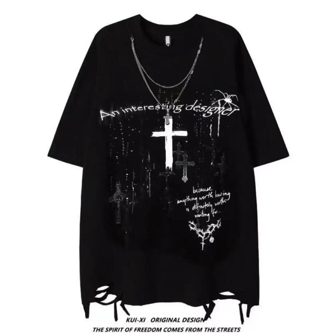 

Y2K Мужские летние новые модные черные футболки с перекрестным принтом Мужские футболки в стиле хип-хоп Harajuku с коротким рукавом и графикой Топы Одежда Techwear