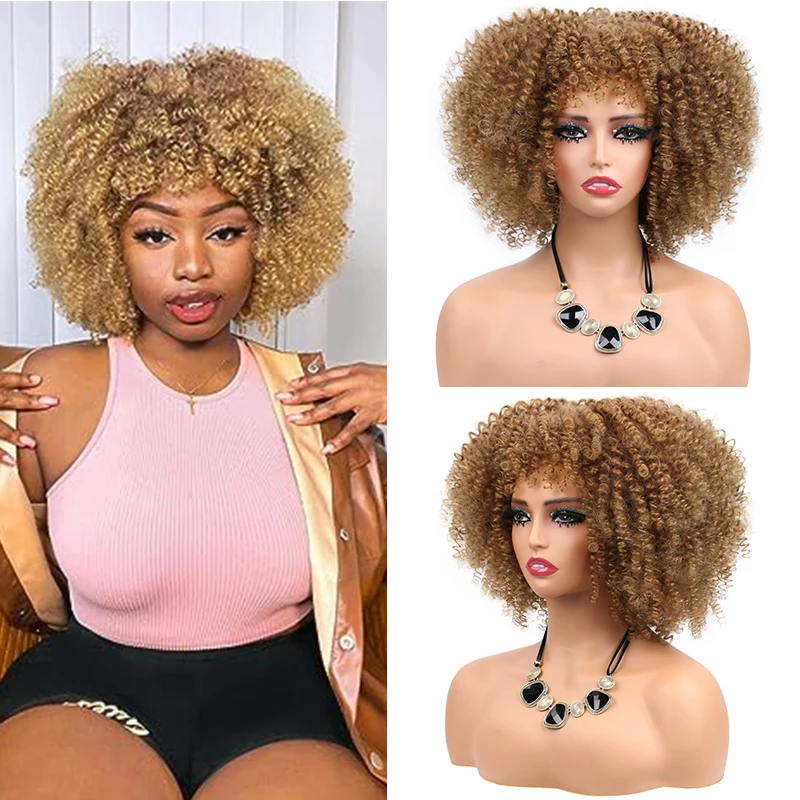 Afro Kinky Curly Wigs for Women 10 Inch Short Bouncy Fluffy Curly Wig with Bangs Natural Synthetic Ombre Bomb Curly Wig Cosplay