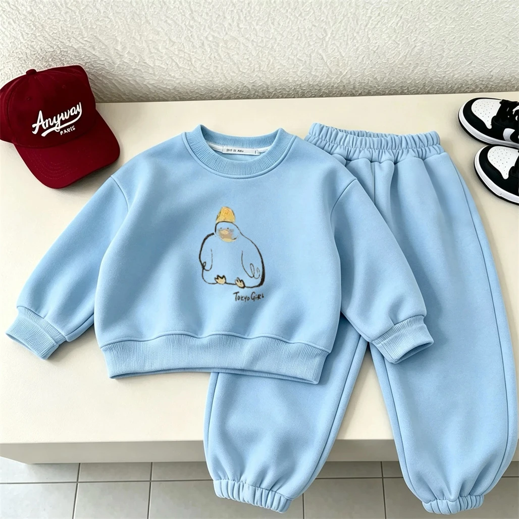 New Design Autumn Costume Small Child Long-sleeved Tracksuits Cartoon Print Hoodies Sets Infant Lovely Yellow Blue Beige 2pcs