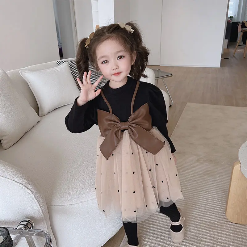 Spring Autumn Fashion High Collar Long Sleeve Fake Two Pieces Children's Clothing Casual Versatile Western Korean Girls Dresses