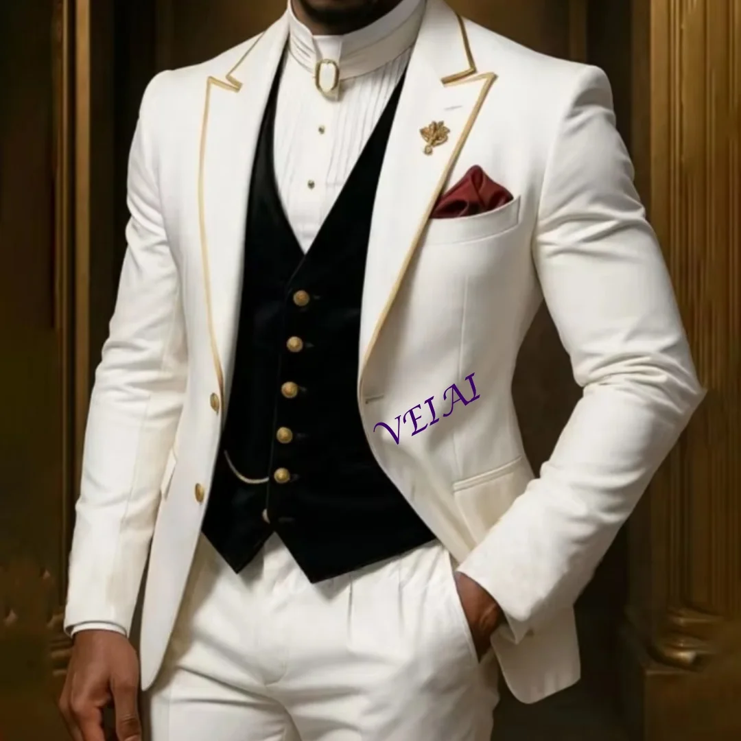 

White Boutique Wedding Men's Suits 2 Piece Formal Peak Lapel Jacket Pant Leisure Wedding Prom Party Tuxedos Male Customized