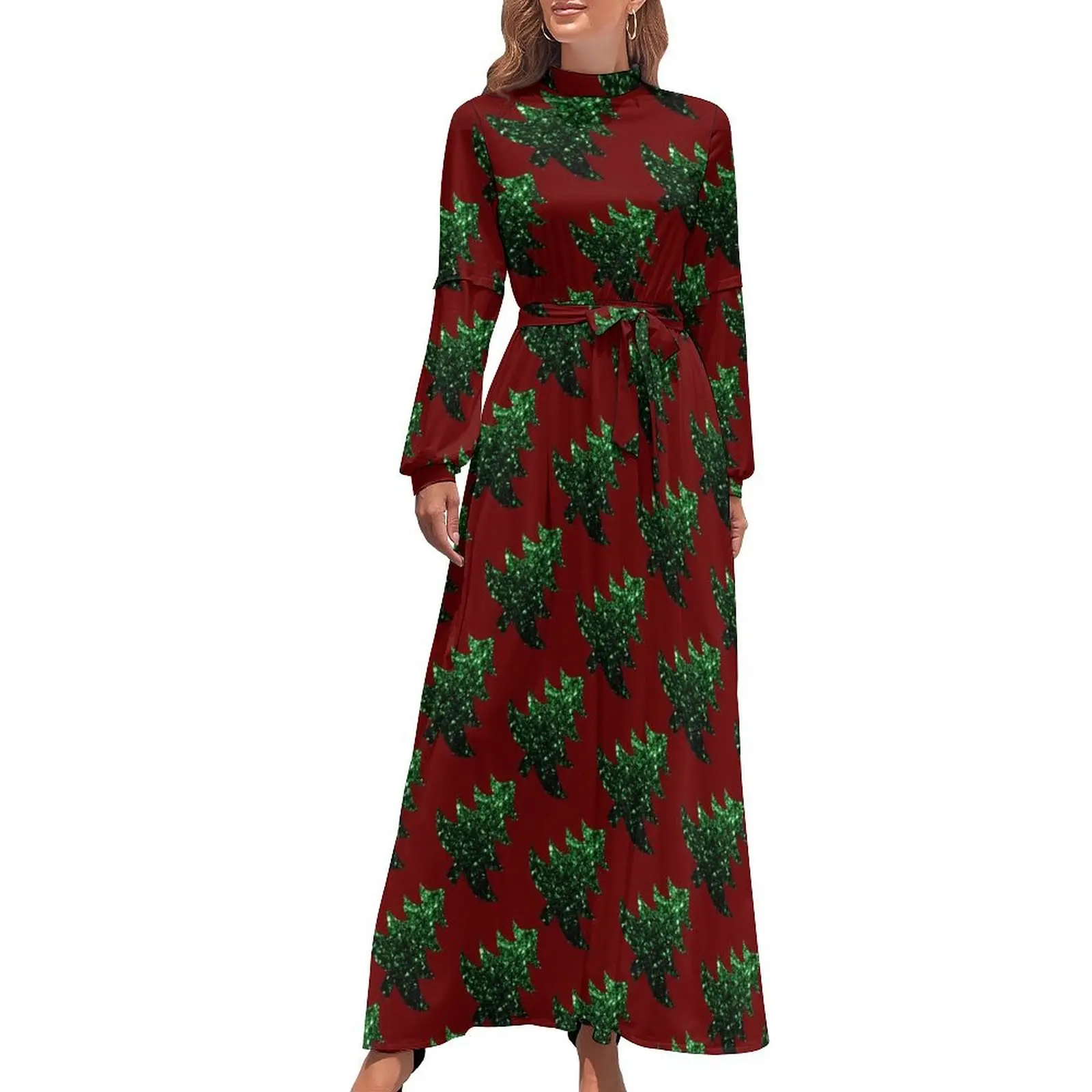 

Sparkly Christmas Tree Dress Retro Print Sexy Maxi Dress Street Style Boho Beach Long Dresses High Neck Graphic Vestidos