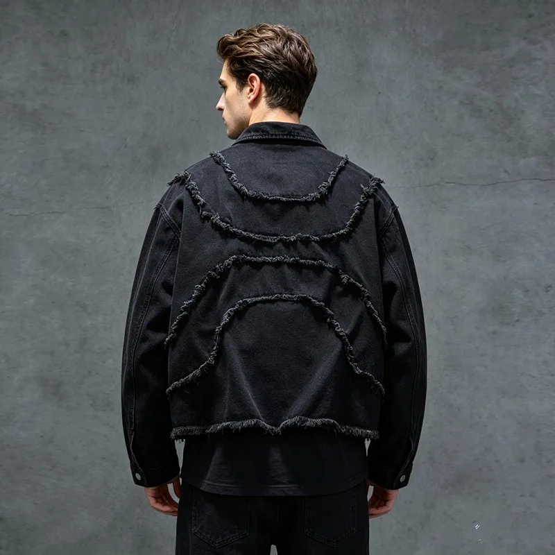 Men Y2K Black Deconstructed Denim Jacket Fringe Raw Edge Zipper Front Oversized Streetwear Jean Outerwear