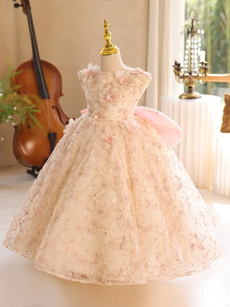 3-12-yrs Girl 's birthday party Luxurious fluffy mesh Sleeveless dresses Sequin bow Flower Girl wedding tulle long dress