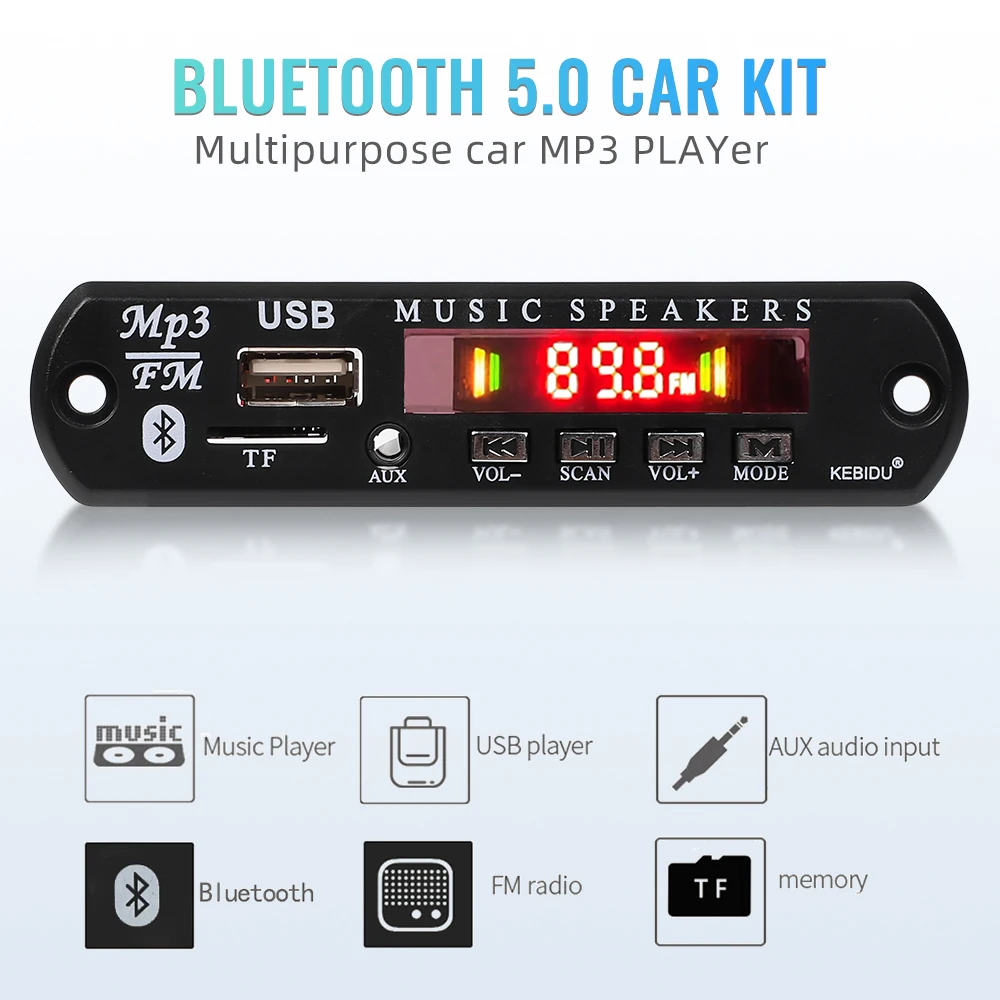 Car Radio Module 2x25W Stereo Bluetooth 5.0 MP3 Decoder Board 8-20V 50W Amplifier Handsfree Support FM TF USB AUX Recorder