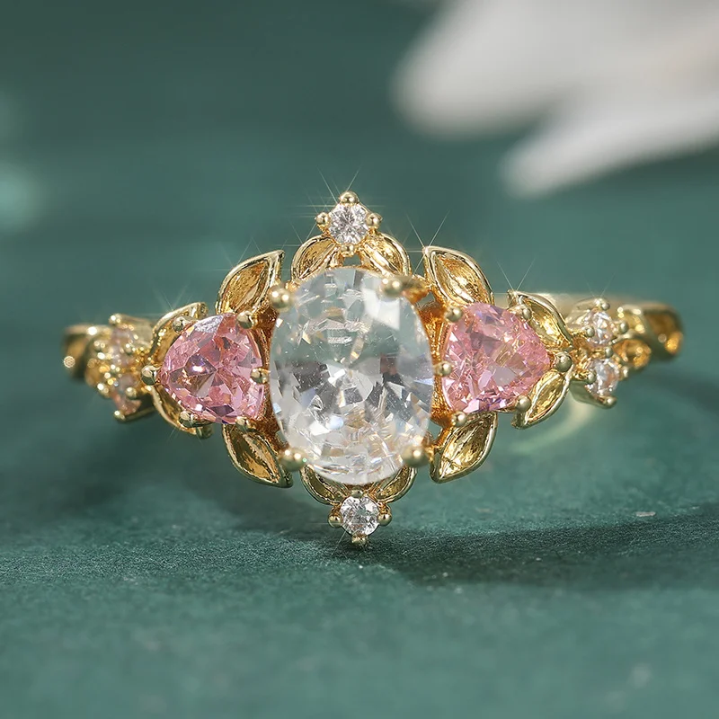 2 Pcs/set Retro Elegant Pink Synthetic Zircon Ring, Ladies' Engagement Proposal Gift, Jewelry view 4