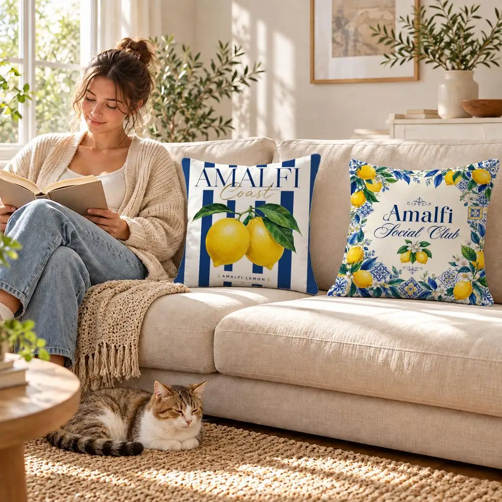 Pattern Italian Amalfi Coast Lemon Cushion Cover Short Plush Pillowcase, Sofa Bedroom Home Decor, Ideal Holiday Gift