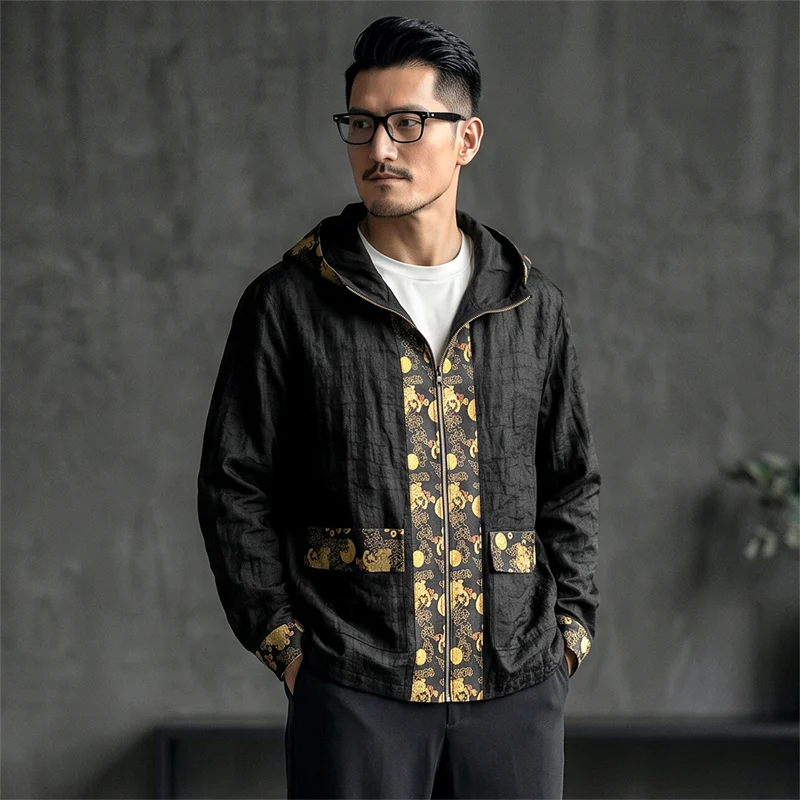 Cracked Gambiered Canton Gauze Jackets For Man Lightweight Hooded Summer Quality Geniune Silk 100% Premium Chamarras Para Hombre