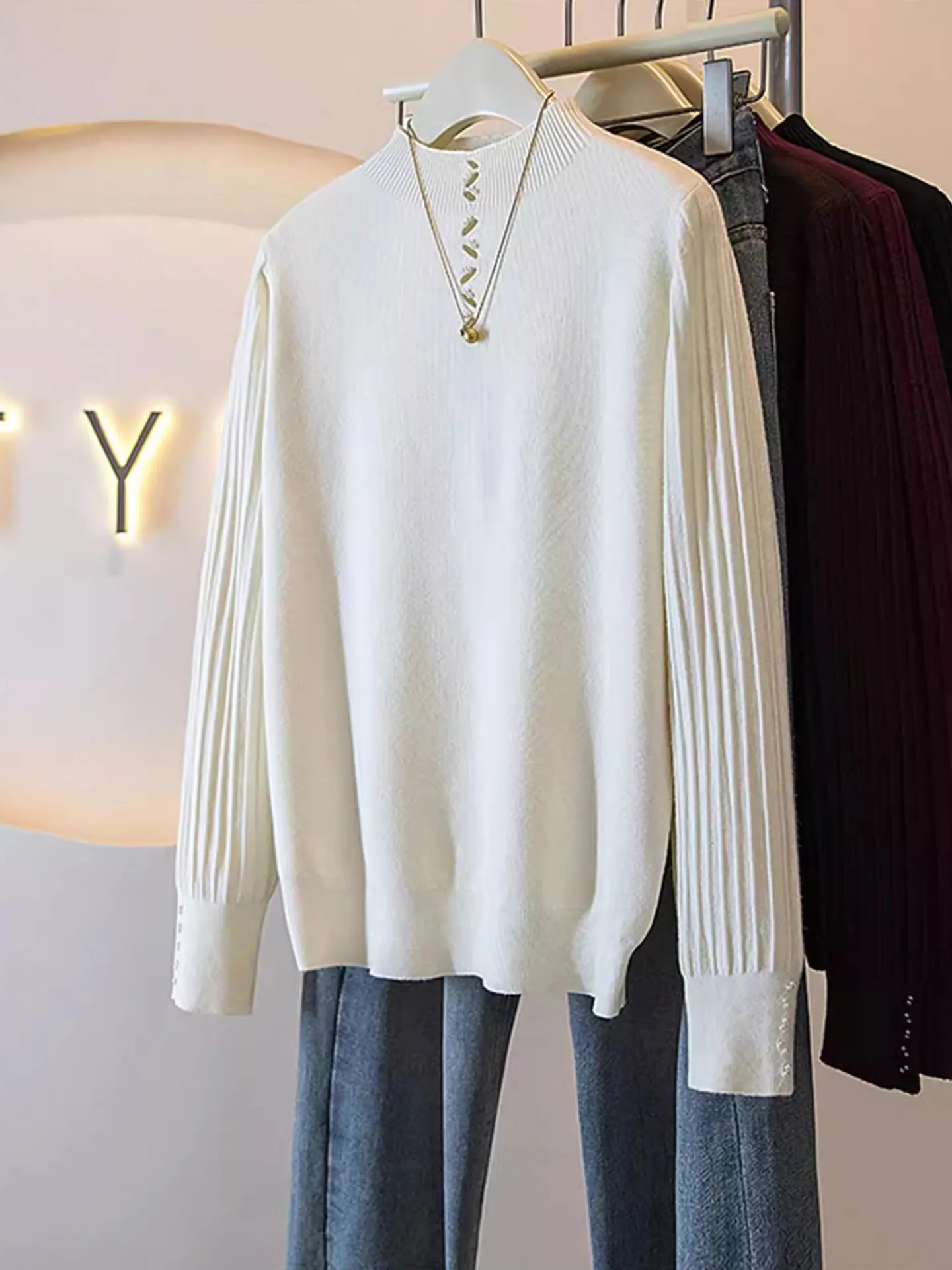 

Ele Hollow out Knitwear Women's f High Collar Sweater plus Size Inner Wear Base Top Casual Loose Fit Autumn Winter