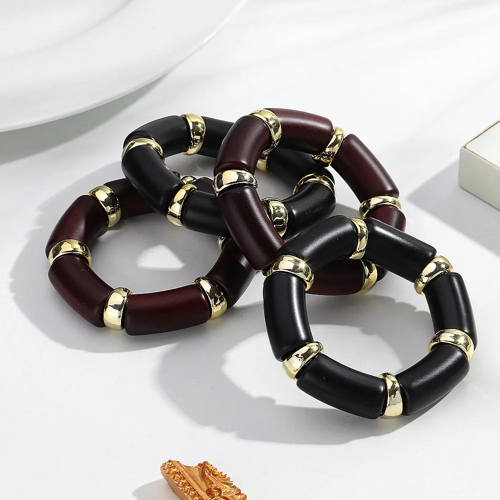 

New Matte Thick Tube Beads Acrylic Bracelets Women Men Retro Dark Red Resin Elastic Bracelet&Bangle Autumn Winter Jewelry Gift