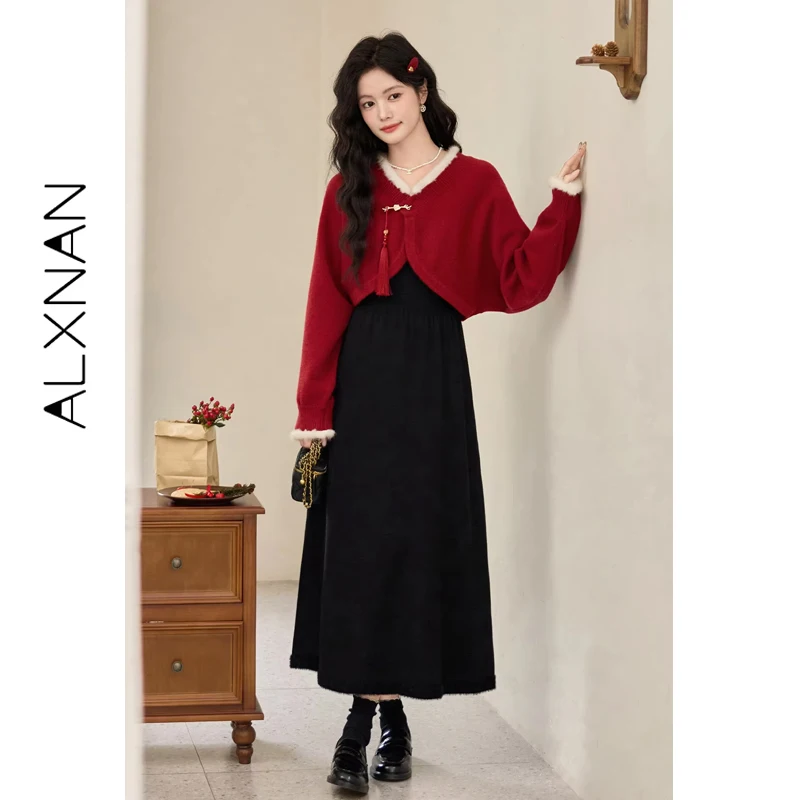 ALXNAN femmes rouge tricoté Cardigan court nouveau Style chinois Unique boucle conception chandails 2025 automne à manches longues hauts L52208SY