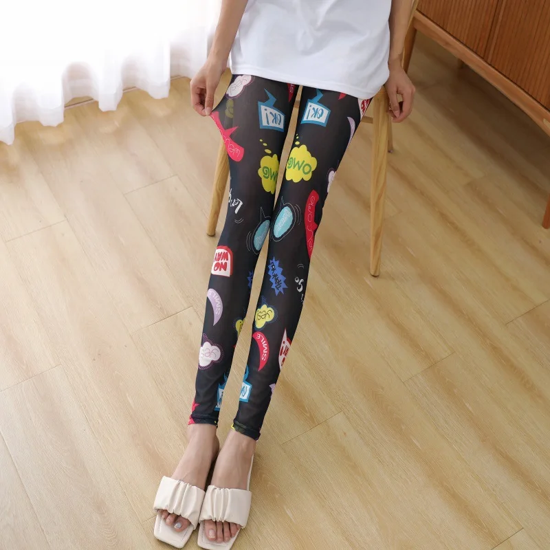 

Летние брюки из ледяного шелка с принтом, женские эластичные ультратонкие прозрачные облегающие брюки, повседневные длинные брюки