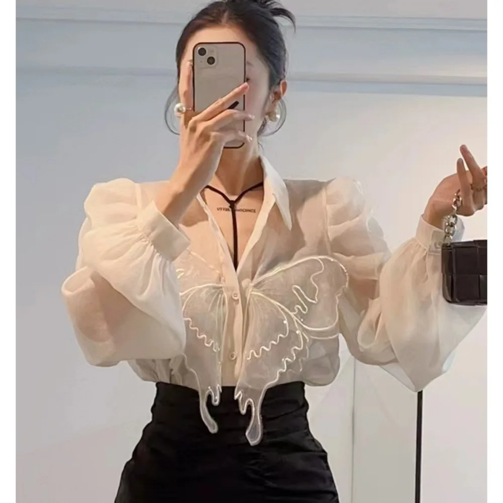 

Женская летняя повседневная сетчатая рубашка с длинными рукавами, рукавами-фонариками и вышивкой, повседневный топ, оптовая продажа женской одежды