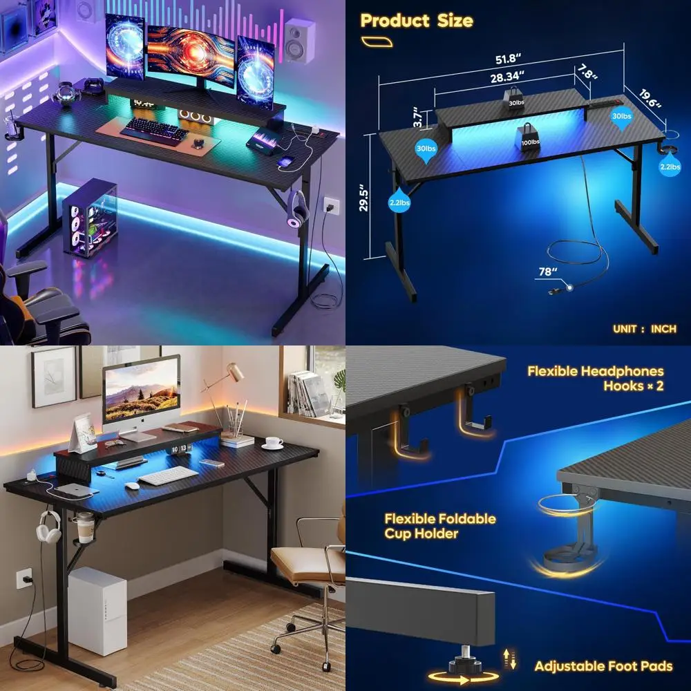 Sturdy 52-inch Gaming Desk with Integrated Power Outlets, USB Ports, LED Lighting, and Monitor Stand