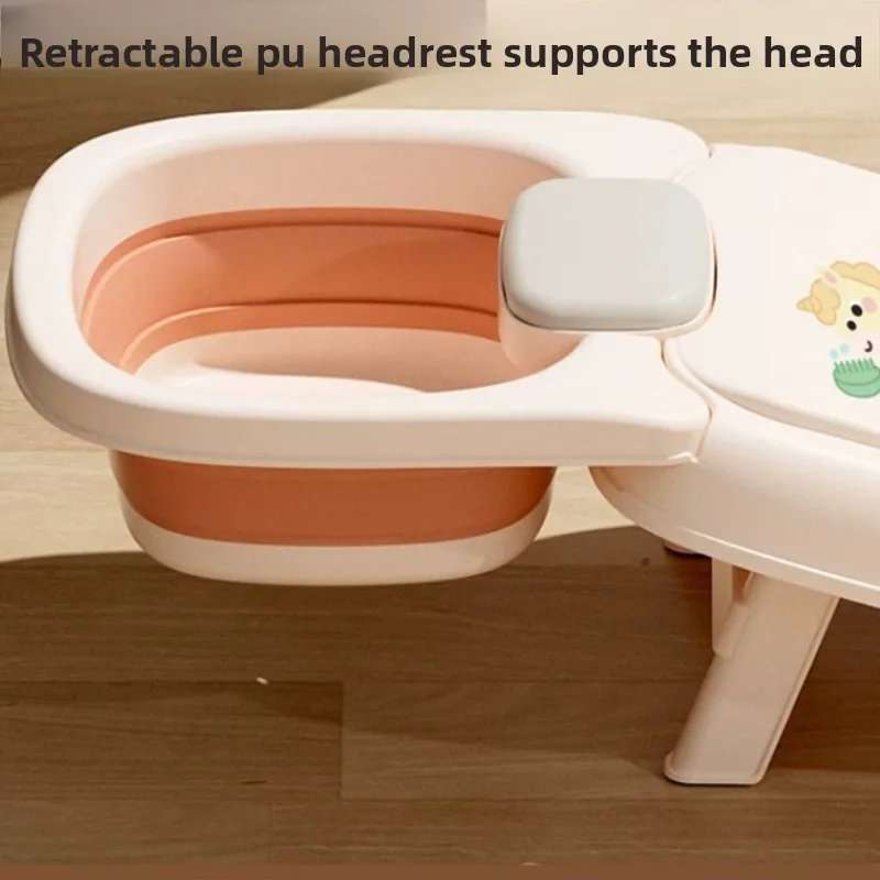 Adjustable Children Shampoo Chairs with Shampoo Basin Foldable Bath Seat Bathtub Comfort Cartoon Pattern Salon and Spa Furniture