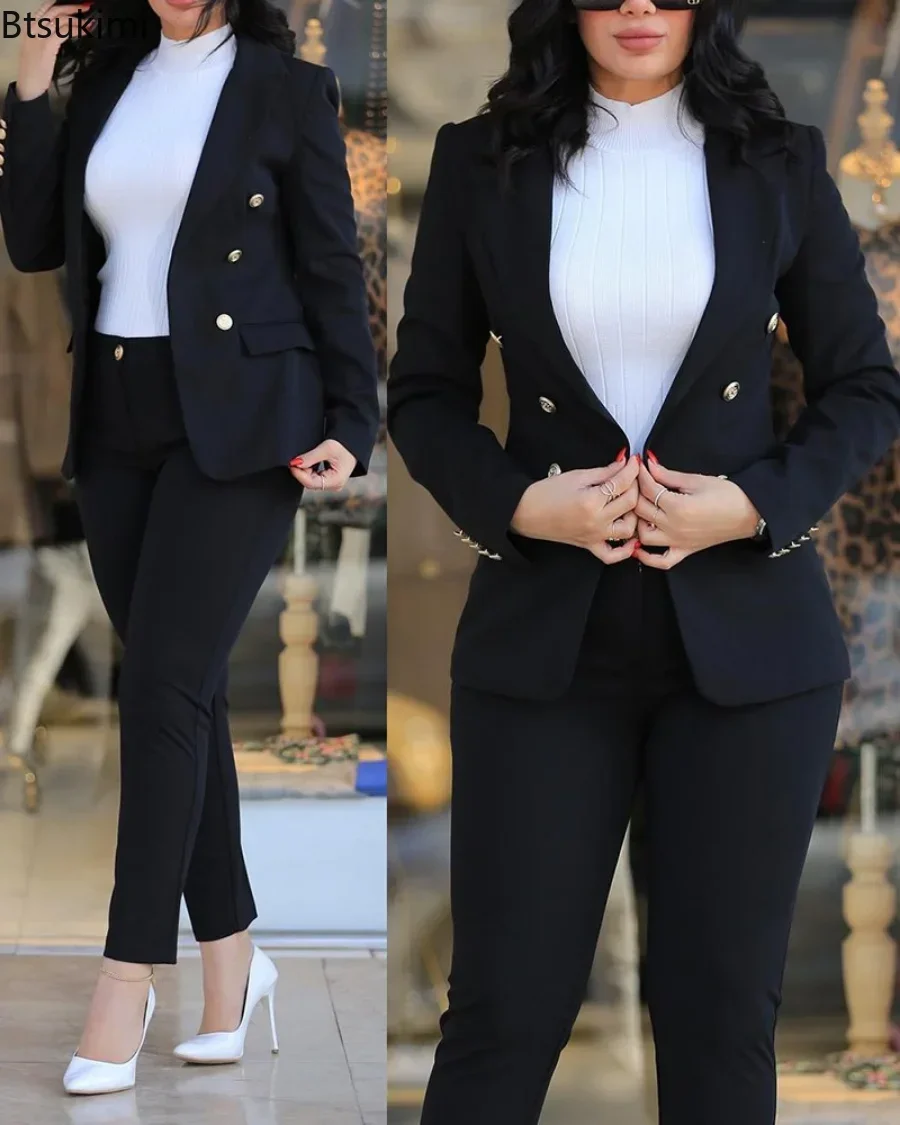 

New 2024 Women's Pant Sets Formal Business Double Breasted Blazers Jacket Pants 2 Piece Set Solid Elegant Ladies Pant Suits Sets