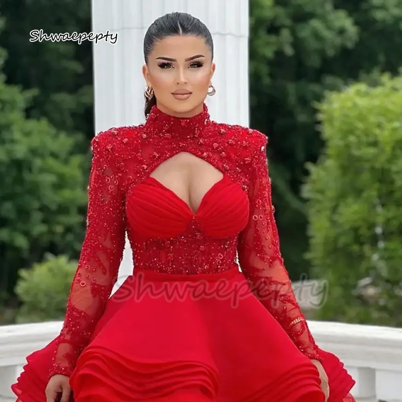 Crystals Beaded Red Ball Gown Mini Prom Dresses Long Sleeves Keyhole High Collar Tiered Short Birthday Party Women Evening Dress