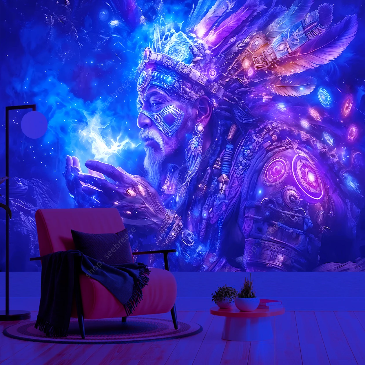 Shamanic Cosmic Energy Vibrant Feathers Wall UV Tapestry Mystical Starry Spiritual Home Office Decor Intricate Patterns Art