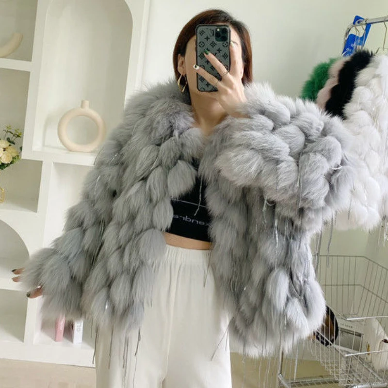 Luxury Fall Winter 3D Hairball Faux Fox Fur Sequined Fringed Jacket Fur Faux Mink Fur Tassels Coat Furry Flocking Cardigan Tops