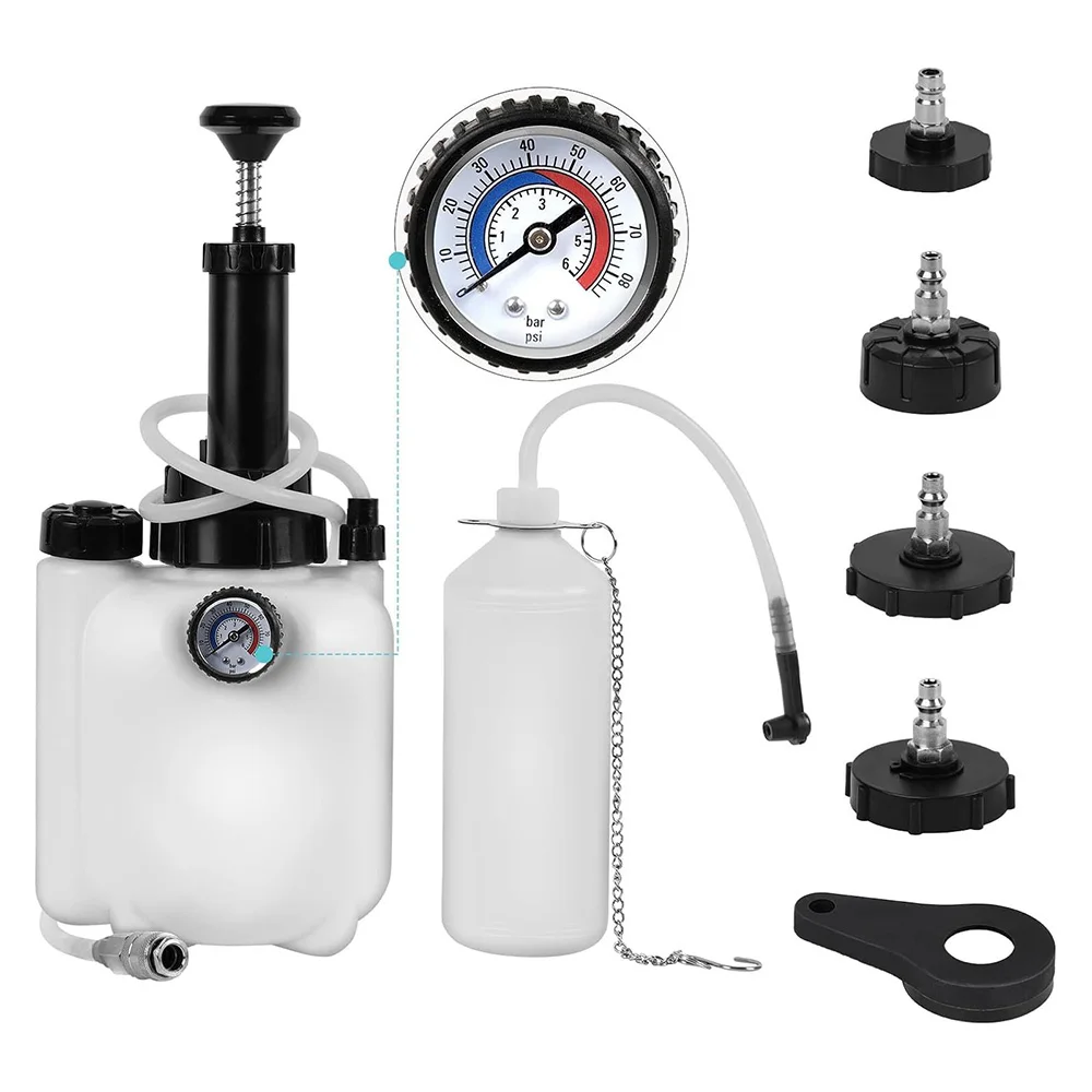 3L Bremsflüssigkeits-Entlüftungs- und Austragskit mit 1L Nachfüllflasche & 4-teiligem Hauptzylinder-Adapter-Set, Druckbremsölwechselwerkzeug mit Manometer, Auto-Bremsflüssigkeits-Entlüftungs- und