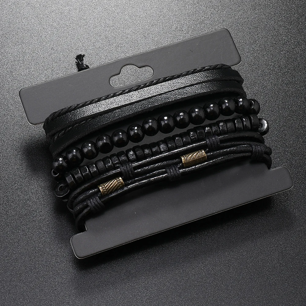 Bracciale Punk in pelle nera con perline per uomo