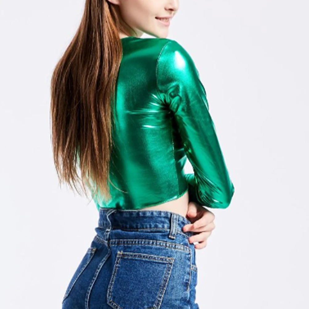 Donna Ecopelle Lucido Wetlook Crop Top Manica lunga Scollo a V Top sexy Party Clubwear Causale Slim Moda T-shirt Tees
