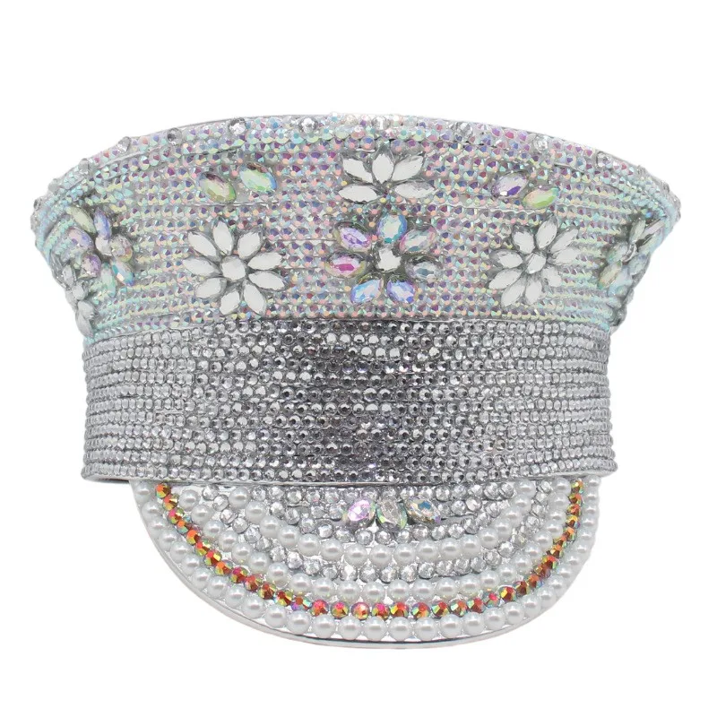 Luxury Rhinestone Bride Military Cap Party Rave Club Women Hen Do Hat Elegant Performance Sequin Burning Captain Sergeant Hats