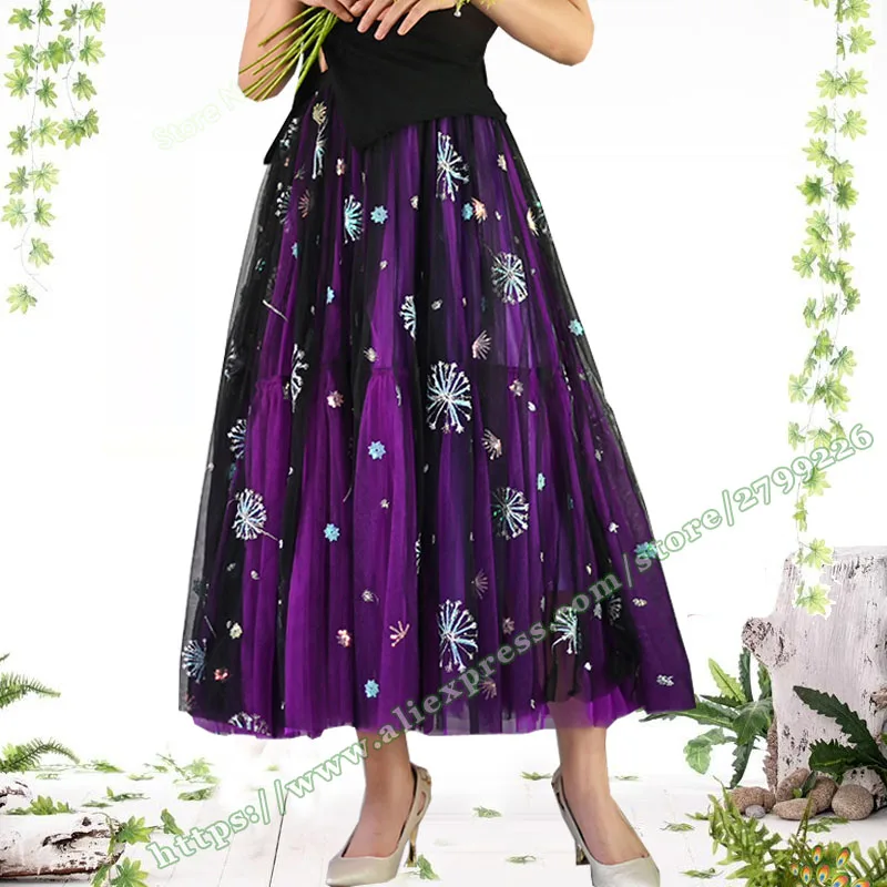 2022 New Plus Size Woman Clothes Fashion Embroidered Purple Mesh Puffy Tutu Floral A-line a line Long Maxi Female Skirt Women