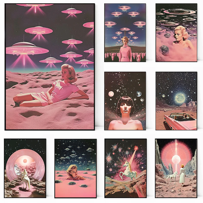 OVNI alienígena rosa psicodélico Vintage con impresiones de mujer, pintura en lienzo, decoración artística de pared espacial Retro, pintura para decoración de la habitación del hogar