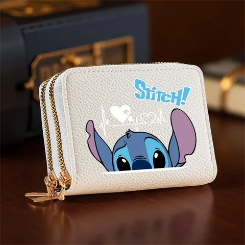 Stitch Design PU Leather Wallet – Double Zipper Short Coin Purse with Card Slots, Cute Cartoon Style, 4 Colors Available
