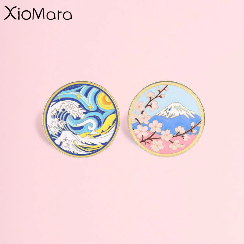 Ukiyo-e and Starry Mt.Fuji Cherry Blossom Round Badge, Classic Art Landscape Enamel Pin, Fashion Accessory, Gift for Art Lovers