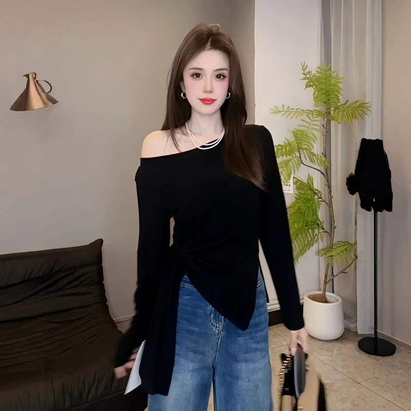 Slankmakende lange mouw T-shirt dames vroege herfst nieuw plus size riem tailleband gestreept top sexy katoen comfortabele pasvorm...