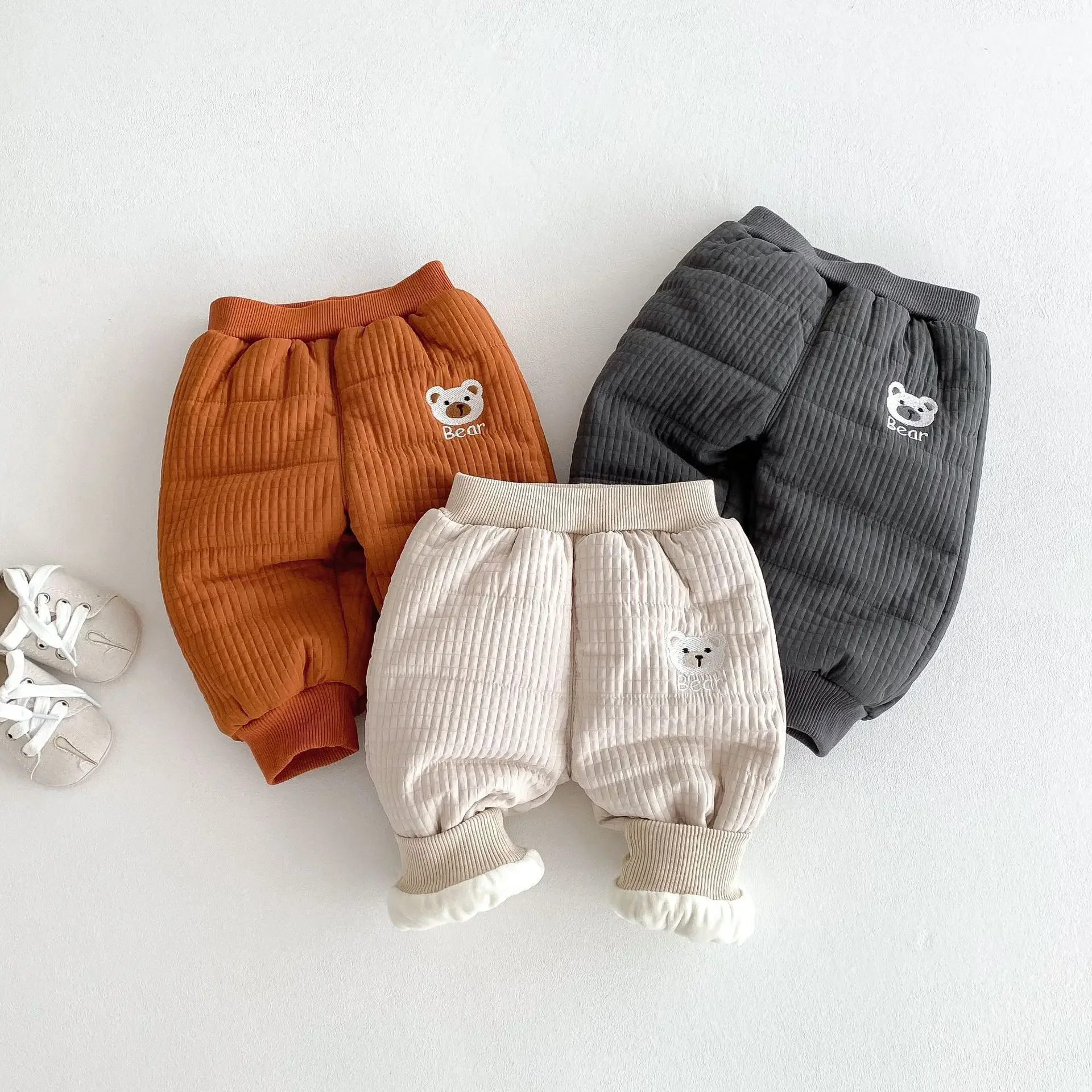 2024 Winter New in Kids Baby Boys Girls Warm Thicken Clothing , Children Carton Bear Pants 3M-5Y