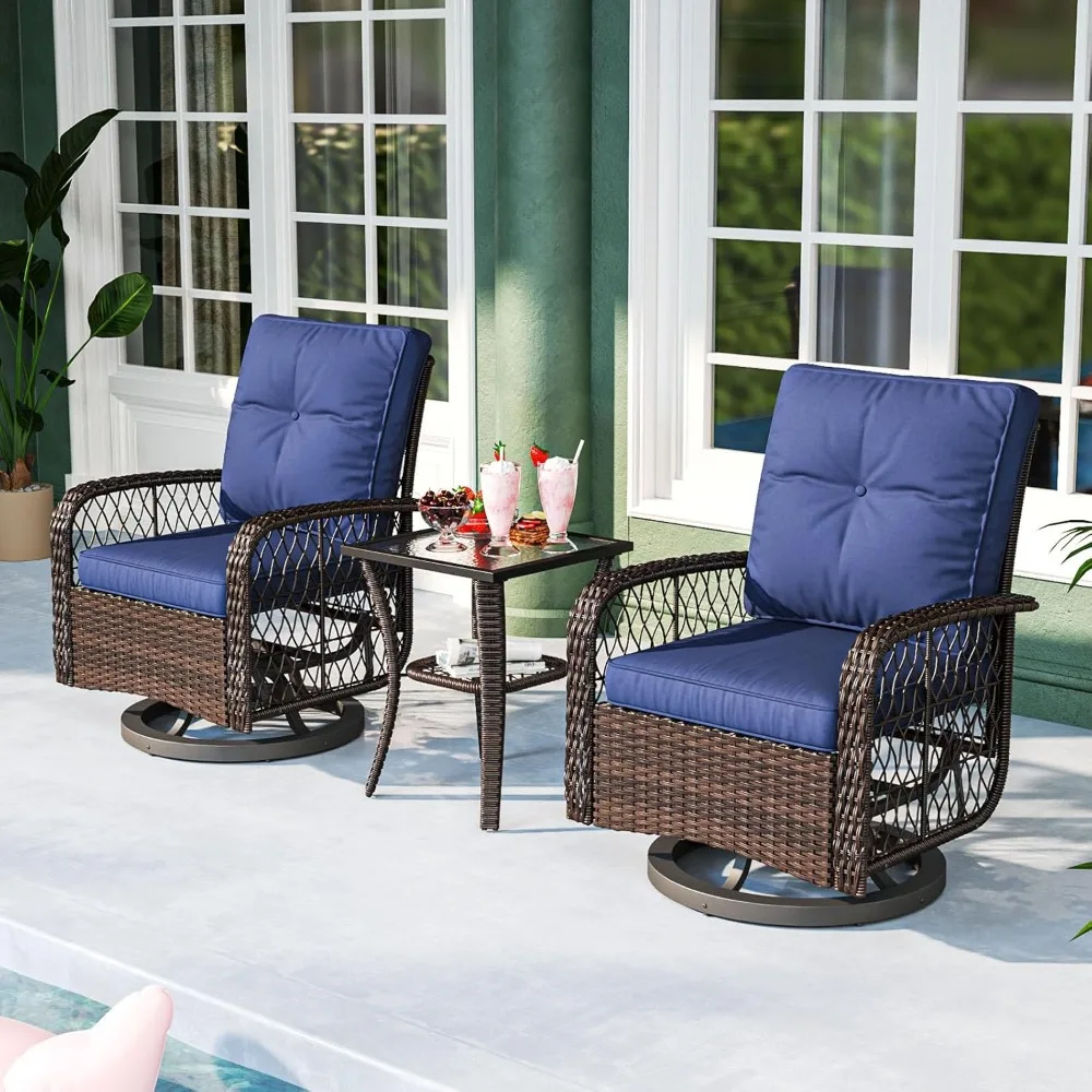 3 Pieces Patio Set Outdoor Wicker Rattan Swivel Rocker Chairs with Small Side Table Patio Bistro Set with Rocking Chairs