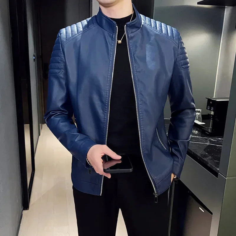 

Stand Collar Casual Windbreaker trendy mens clothing black blue Motorcycle PU Leather Jacket Men Winter Leahter Jacket Male