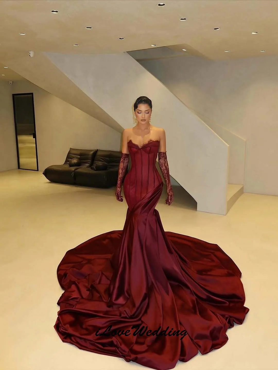Elegante sem alças vermelho vestidos de baile 2025 com decote em v rendas sexy vestidos de noite tribunal trem sereia vestidos formais para gala personalizado