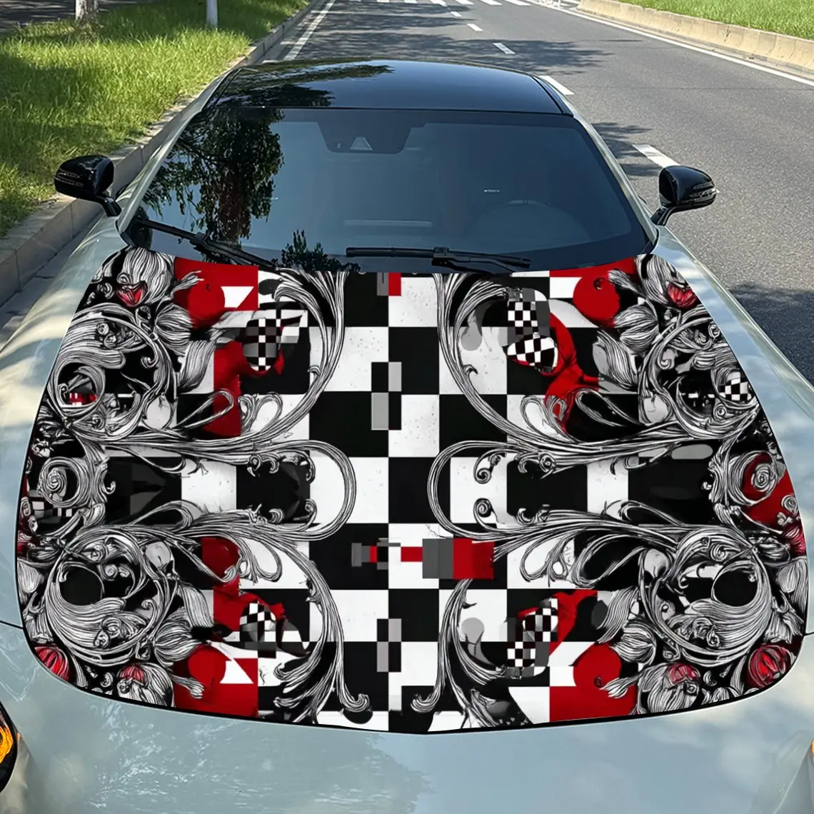 Black And White Checkered Automobile Hood Vinyl Sticker Packaging Film Self-adhesive Sticker General Motors Hood Decal