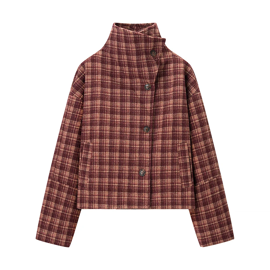 2025 Otoño e Invierno chaqueta a cuadros de un solo pecho con cuello levantado Retro ropa de abrigo para mujer