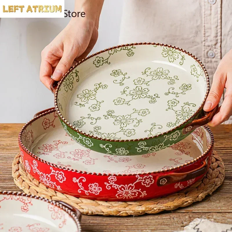 Sakura Baking Plate Hand-painted Ceramic Tableware Cheese Baking Plate Oven Specific Pizza Plates Ceramic Tray Dinner Plates