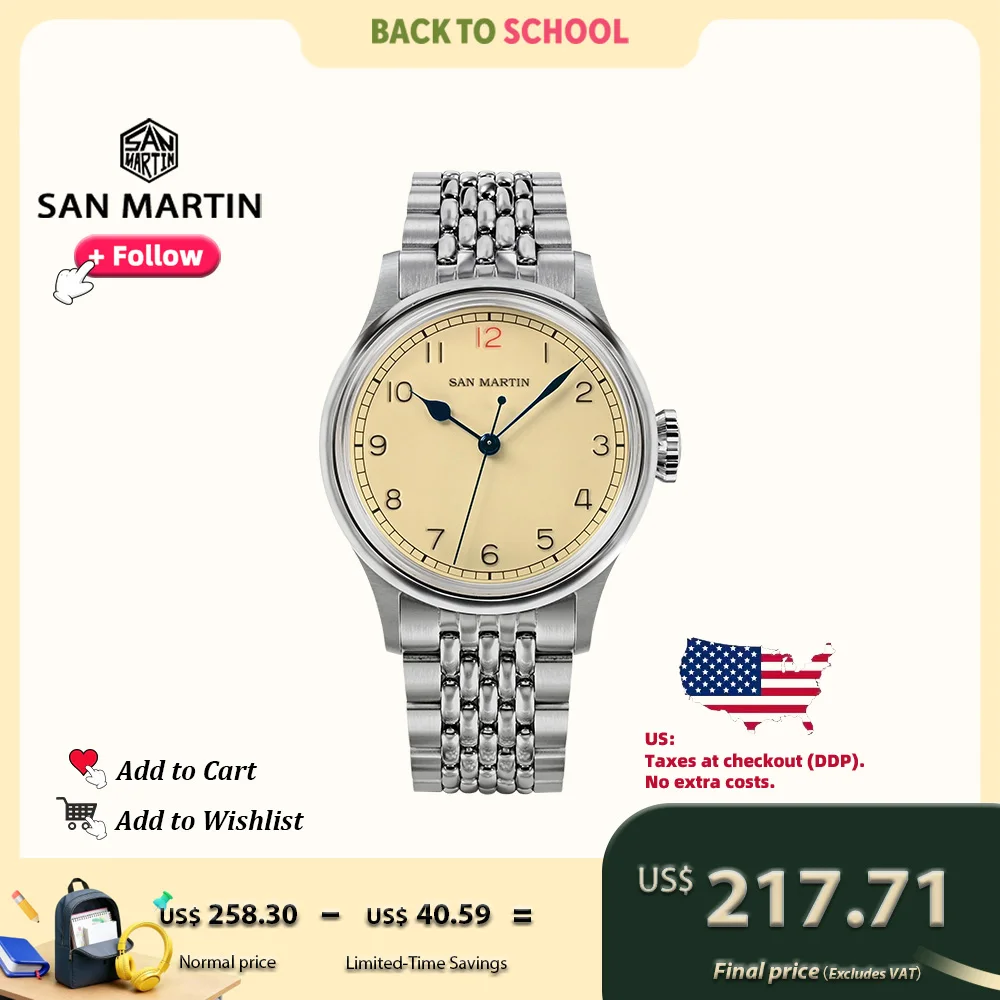 

San Martin 38,5 мм мужские часы винтажные пилотные из нержавеющей стали NH35 простые автоматические механические часы для мужчин с сапфировым стеклом 10 бар SN0105