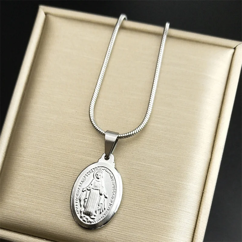 Catholic Virgin Mary Necklace Women Gold Color Religious Faith God Stainless Steel Oval Pendant Exquisite Jewelry Gifts ZZZ443-6