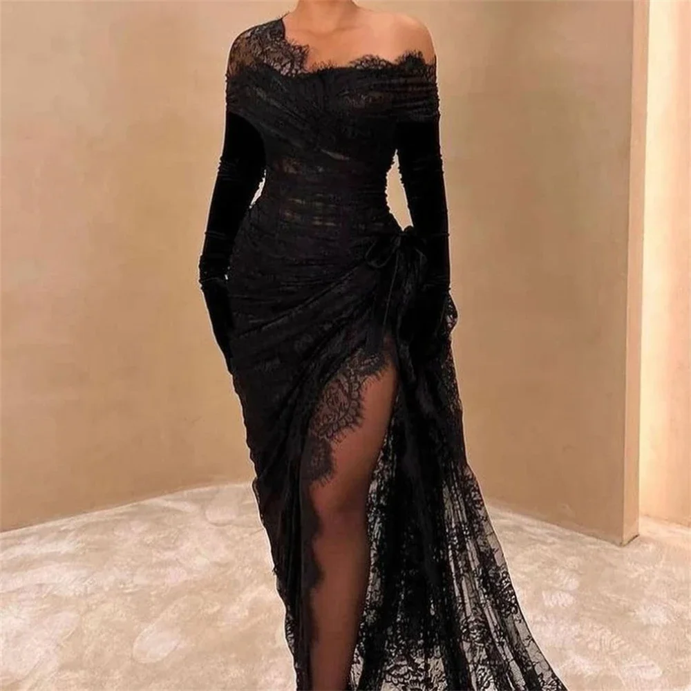 Customized Evening Saudi Arabia Lace Draped Clubbing A-line One-shoulder Bespoke Occasion Gown Long Dresses