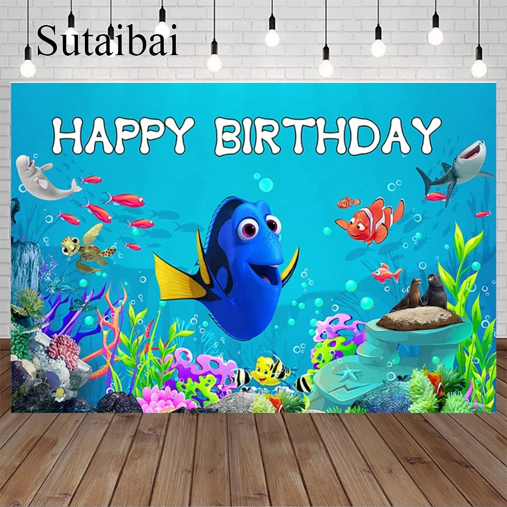 ภายใต้ Sea ฉากหลังสำหรับ Finding Dory วันเกิดสีฟ้าอาบน้ำเด็กทารกแบนเนอร์วันเกิด Party เครื่องประดับโต๊ะ