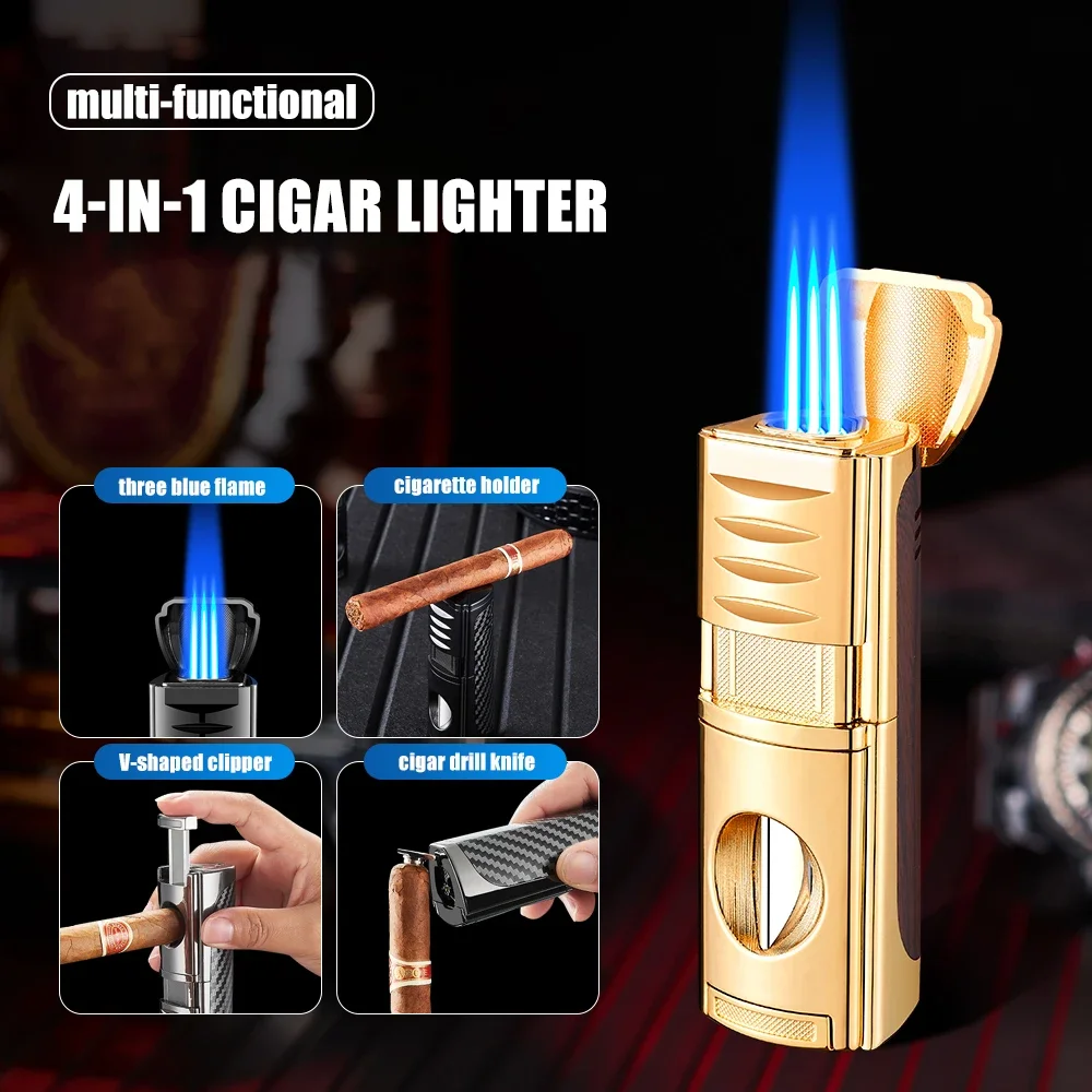 4 in 1 Multi-functional Cigar Lighter Three Blue Flame V-shaped Cigar Cut And Cigar Drill Cut Visible Gas Window Ignition Tool