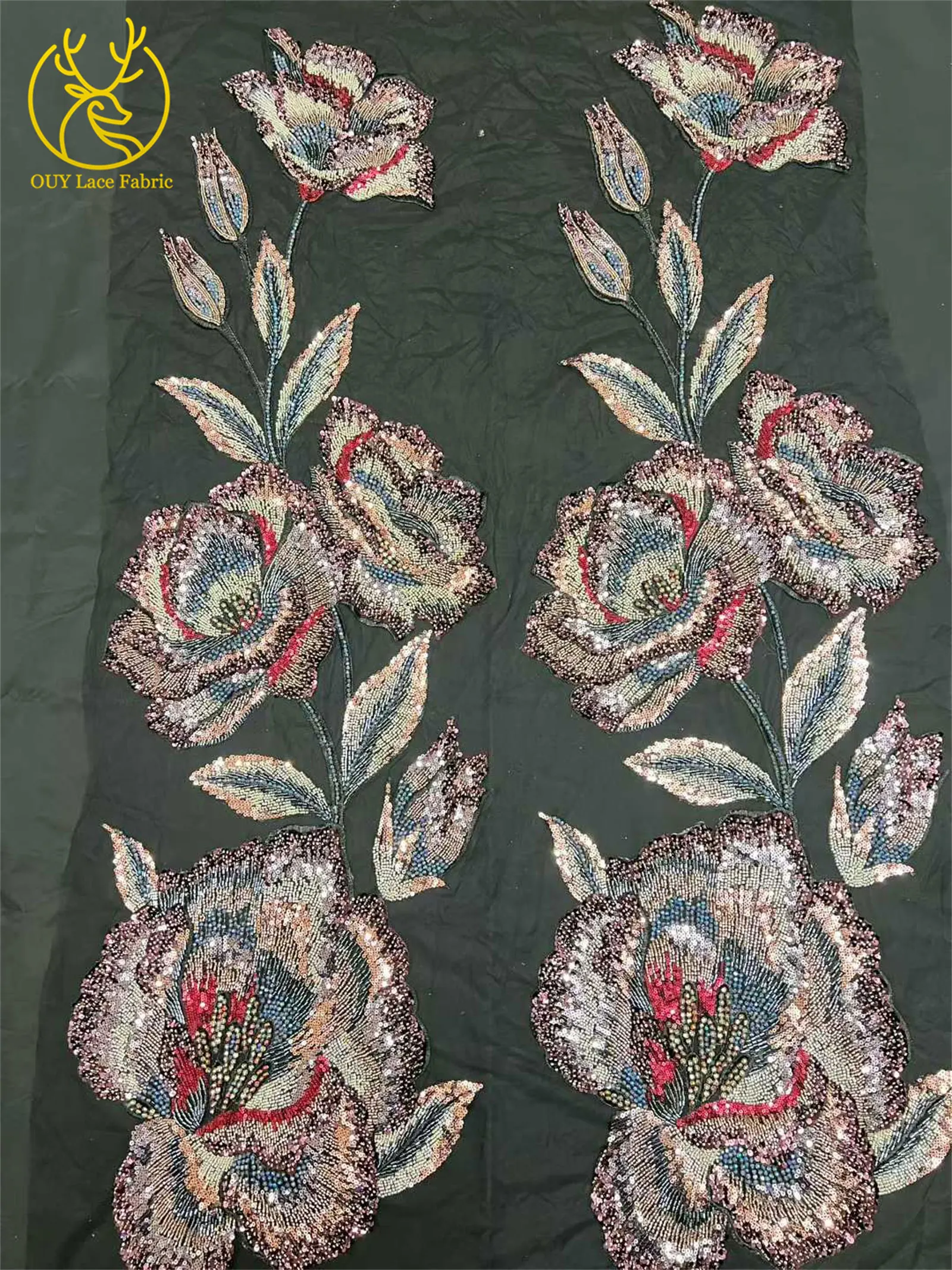 Nigeria Große Blumen Perlen-Spitzenstoff 2026 Luxuriöser Afrikanischer Spitzenstoff 5 Yards Französischer Pailletten-Spitzenstoff für Party- und Abendkleider – Detail 6