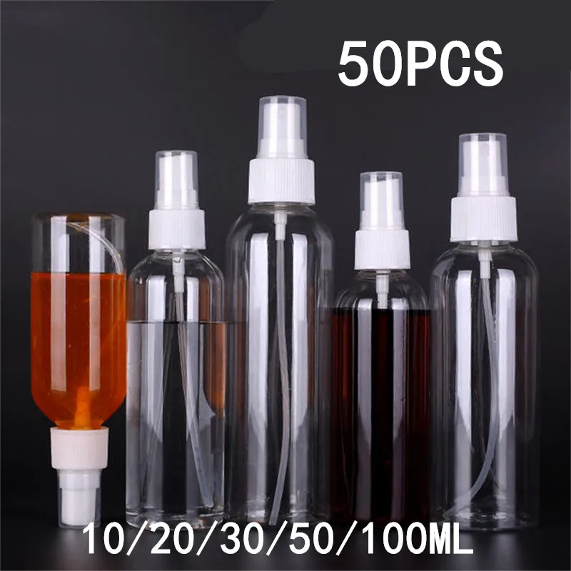 

50PCS 10/20/30/50/100ml Transparent Plastic Refillable Bottles Perfume Bottle Atomizer Empty Spray Bottle Portable Travel Bottle
