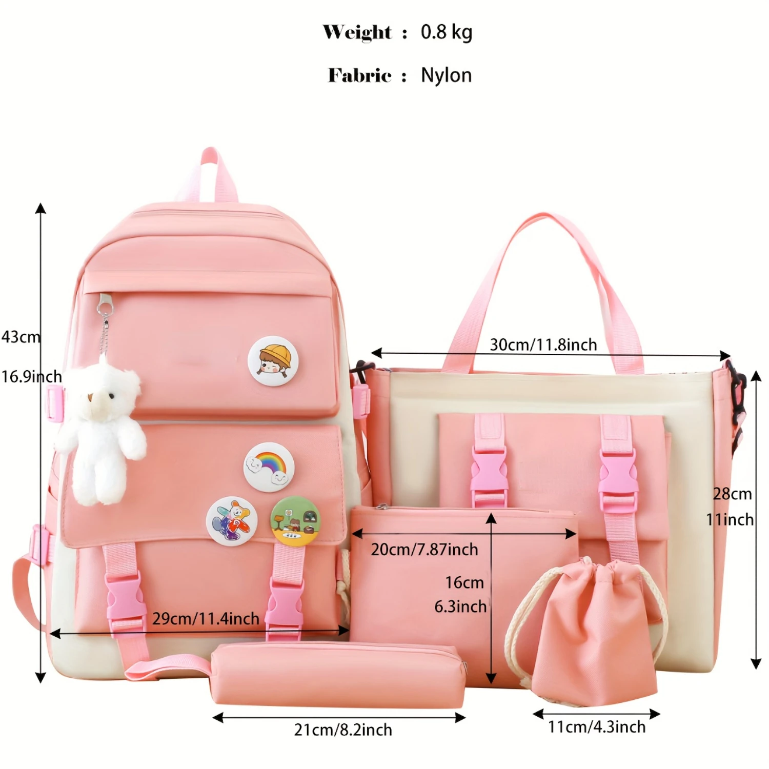 Conjunto de mochila escolar bonita de 5 uds, bolsa para libros para ordenador portátil Preppy College, bolso de hombro para almuerzo de viaje y lápiz de arcoíris