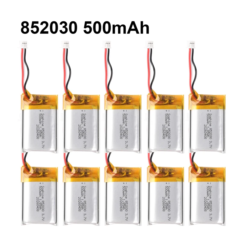 3.7V 852030 500mAh Polymer Lithium Battery Rechargeable for LED Lights Bluetooth Speakers Consumer Electronics Toys Ph2.0 Plug
