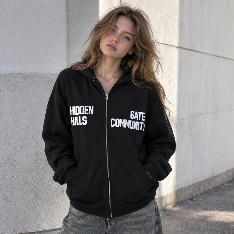 Damen-Kapuzenpullover mit Reißverschluss, Buchstabenmuster, lange Ärmel, Oversize-Sweatshirt, lässige Y2K-Streetwear-Jacke, schwarzes und rotes Kapuzentop für Damen. – Detail 9