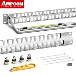 AMPCOM Blank Keystone Patch Panel 1U 48-Port, STP UTP Rack Mount with Rear Cable Management Bar for CAT5E CAT6 CAT6A CAT7 CAT8